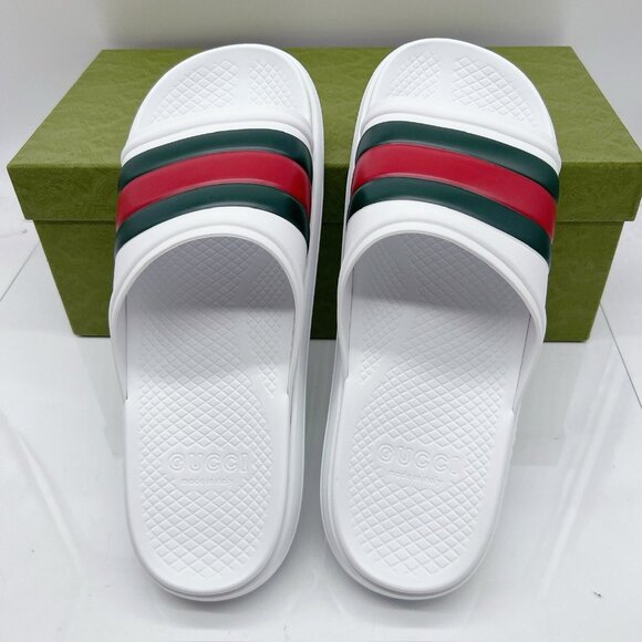 Gucci Men’s Web ACE RUBBER Slide Sandals Pool White UK 13 US 13.5 NEW AUTHENTIC - Picture 10 of 12